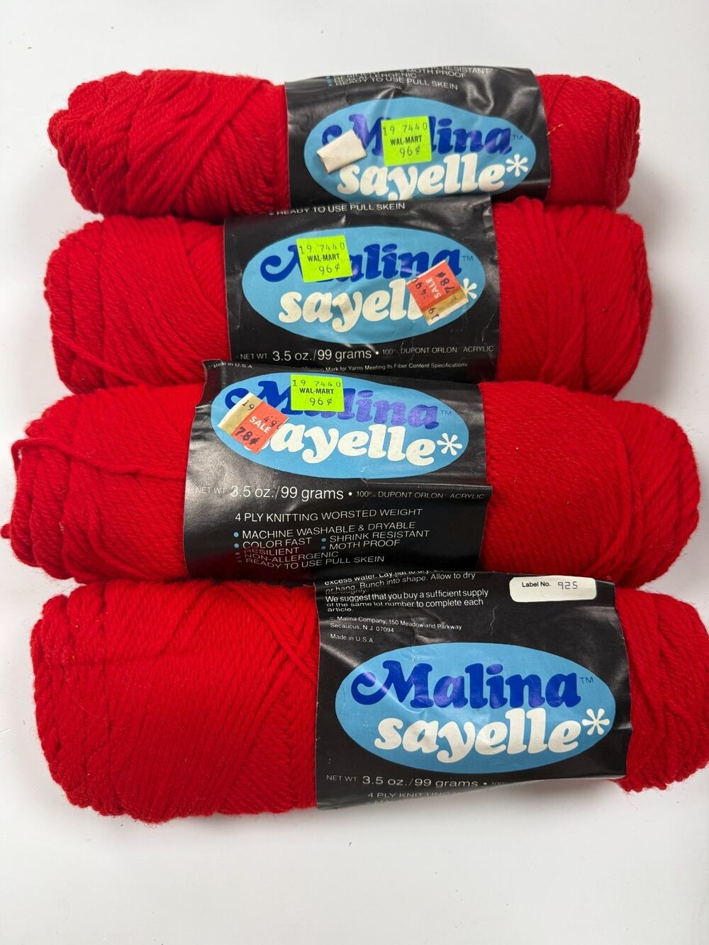 Malina Sayelle Scarlet Red 100 Orlon Acrylic Worsted Yarn 4 Skeins 14 oz